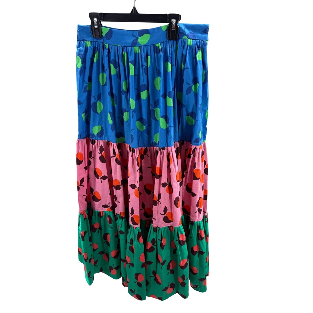 Kate Spade New York Apple Print Tiered Maxi Skirt Blue Pink Green‎ Size 8 NEW